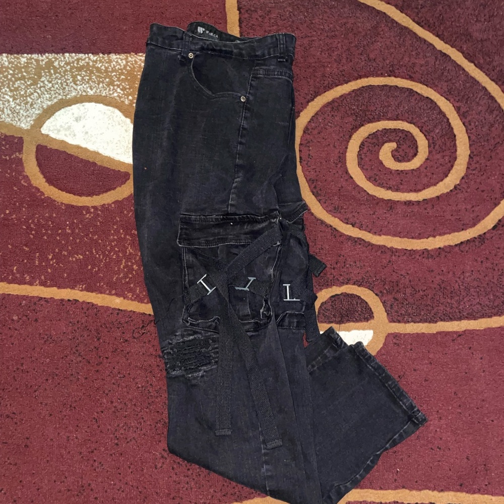 Men Black Distressed Jeans with Straps size 40 stretchy